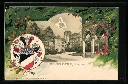Passepartout-Lithographie Heidelberg, Schloss und Wappen