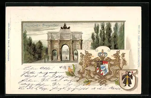 Passepartout-Lithographie München, Siegesthor, Wappen und Münchner Kindl