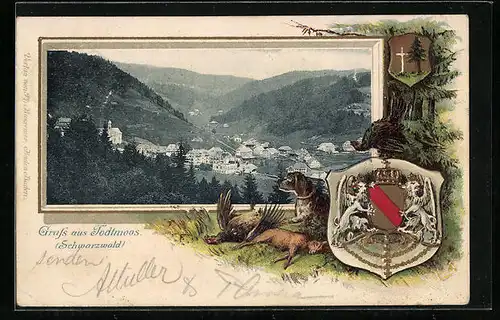 Passepartout-Lithographie Todtmoos /Schwarzwald, Ortsansicht und Wappen