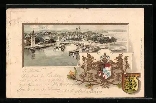 Passepartout-Lithographie Lindau, Ortsansicht mit Dampfern, Wappen