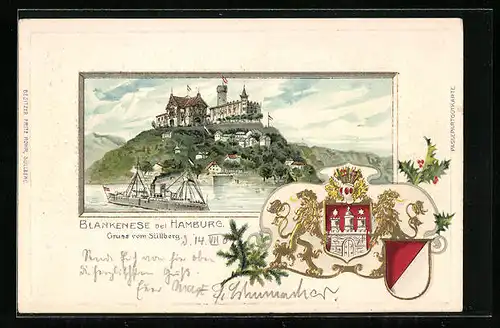 Passepartout-Lithographie Blankenese bei Hamburg, Blick auf Süllberg und Dampfer, Wappen