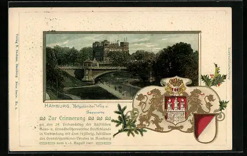Passepartout-Lithographie Hamburg-St.Pauli, Helgoländer Weg u. Seewarte, Wappen