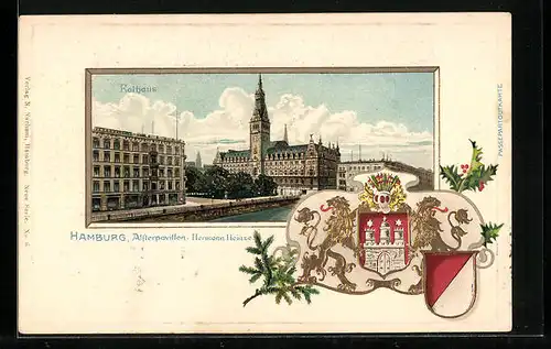 Passepartout-Lithographie Hamburg, Alsterpavillon von Hermann Heinze, Rathaus, Wappen