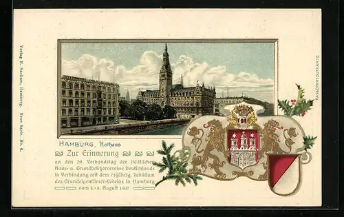 Passepartout-Lithographie Hamburg, Rathaus und Wappen