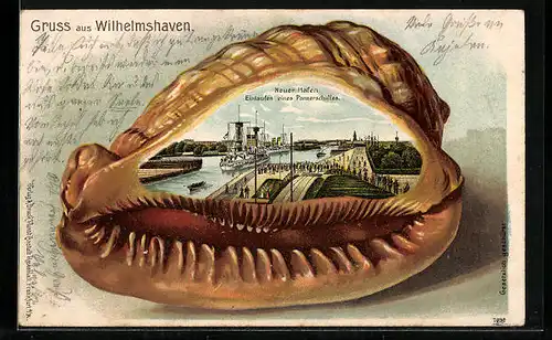 Passepartout-Lithographie Wilhelmshaven, Neuer Hafen, Einlaufen eines Panzerschiffes, Muschel