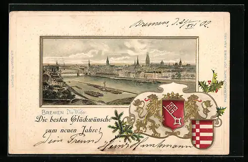 Passepartout-Lithographie Bremen, Die Weser mit Dampfern, Wappen