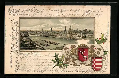 Passepartout-Lithographie Bremen, Die Weser mit Booten, Wappen