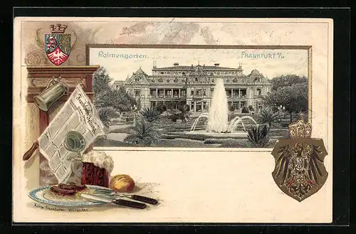 Passepartout-Lithographie Frankfurt-Westend, Palmengarten und Frankfurter Würstchen, Wappen