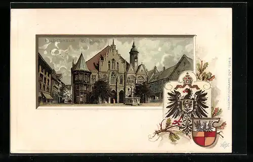 Passepartout-Lithographie Hildesheim, Rathaus und Wappen