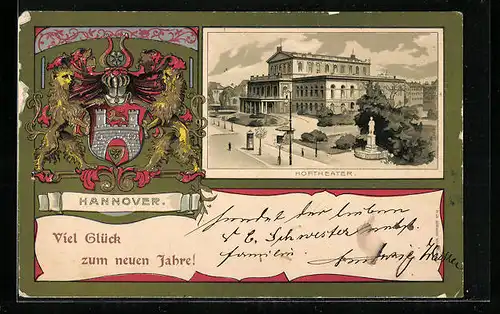 Passepartout-Lithographie Hannover, Hoftheater und Wappen