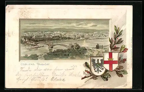 Passepartout-Lithographie Coblenz, Totalansicht und Wappen