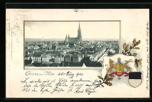 Passepartout-Lithographie Ulm, Ortsansicht mit Kirche, Wappen
