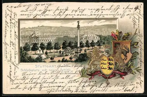 Passepartout-Lithographie Stuttgart, Schlossplatz mit neuem Schloss, Wappen