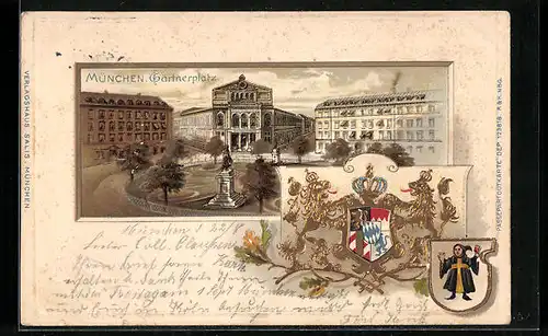 Passepartout-Lithographie München, Gärtnerplatz und Münchner Kindl, Wappen