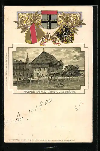 Passepartout-Lithographie Konstanz, Conciliumgebäude, Wappen