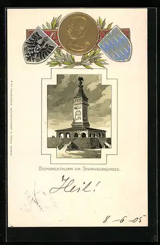 Passepartout-Lithographie Starnbergersee, Bismarckthurm und Wappen