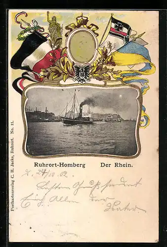 Passepartout-Lithographie Homberg, Rhein mit Dampfer, Wappen