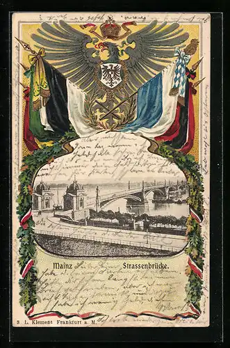 Passepartout-Lithographie Mainz, Strassenbrücke, Wappen