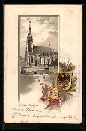 Passepartout-Lithographie Esslingen, Frauenkirche, Wappen