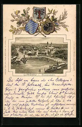 Passepartout-Lithographie Lindau i. Bodensee, Hafen mit Dampfern, Wappen