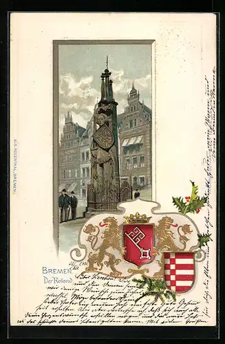 Passepartout-Lithographie Bremen, Denkmal, Der Roland, Wappen