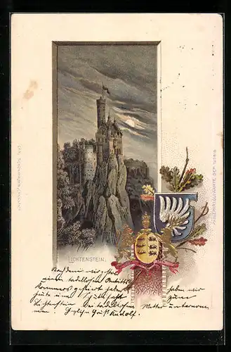 Passepartout-Lithographie Lichtenstein, Blick auf Burg, Wappen