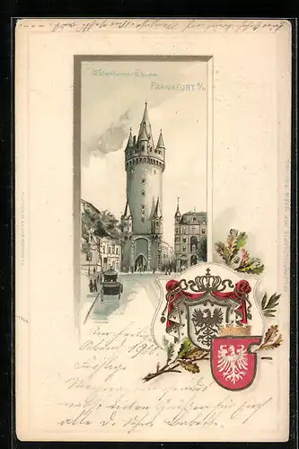 Passepartout-Lithographie Frankfurt a. M., Eschenheimer Thurm, Wappen