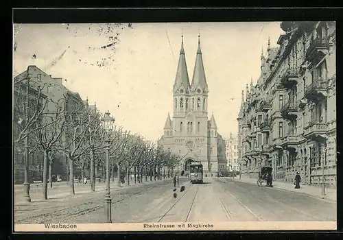 AK Wiesbaden, Strassenpartie Rheinstrasse mit Ringkirche