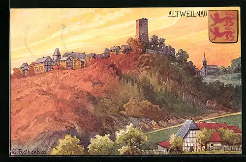 Künstler-AK Altweilnau, Blick auf die Burgruine mit Wappen