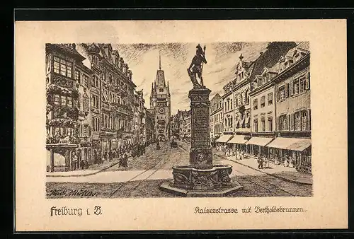 AK Freiburg i. B., Strassenpartie Kaiserstrasse mit Bertholdsbrunnen
