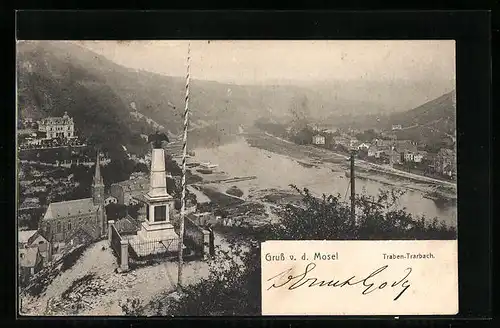 AK Traben-Trarbach, Blick auf Denkmal und die Mosel