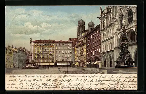 Lithographie München, Marienplatz mit Frauenkirche und Denkmal