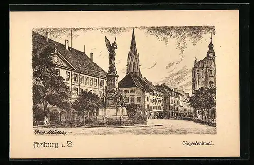 Künstler-AK Freiburg i. B., Blick auf Siegesdenkmal