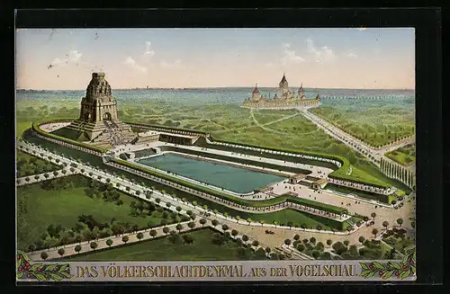 AK Leipzig, Völkerschlachtdenkmal, Aus der Vogelschau