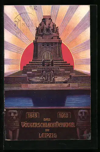 AK Leipzig, Völkerschlachtdenkmal vor untergehender Sonne