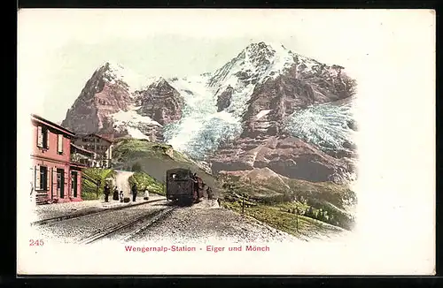 AK Bergbahn an der Wengernalp-Station, Eiger und Mönch