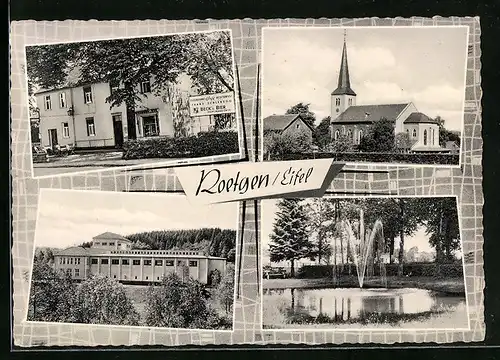 AK Roetgen / Eifel, Cafe Restaurant Franz Schlensog, Kirche, Fontaine im Park