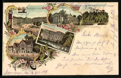 Lithographie Meiningen, Marktplatz mit Post, Hoftheater, Schloss Landsberg, Herzogl. Palais