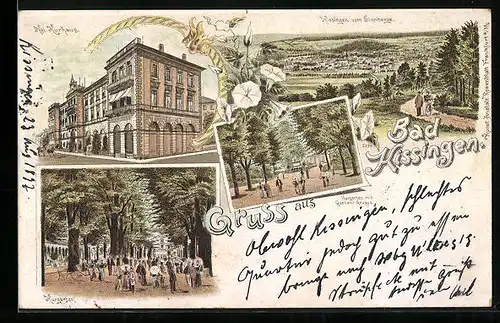 Lithographie Bad Kissingen, Kgl. Kurhaus, Ortsansicht vom Sinnberge, Kurgarten mit Quellen-Gruppe