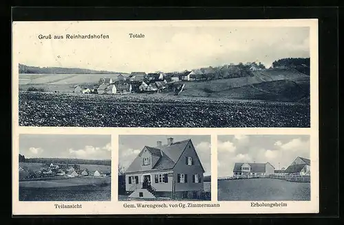 AK Reinhartshofen, Warengeschäft von Gg. Zimmermann, Erholungsheim, Blick auf den Weiler