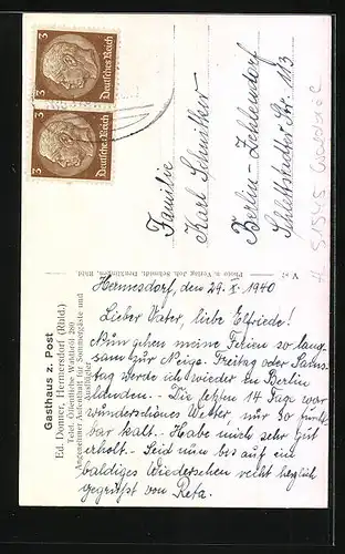 AK Hermesdorf /Rhld., Ortsansicht, Gasthaus z. Post, Inh.: Ed. Donner