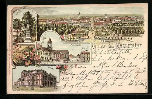 Lithographie Karlsruhe, Krieger Denkmal, Marktplatz, Hoftheater