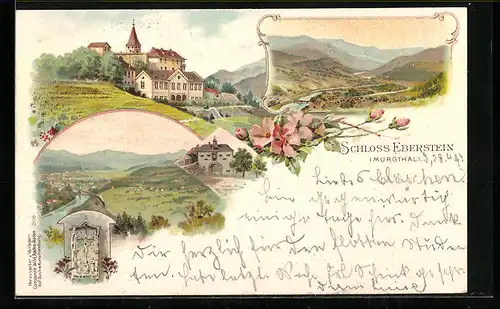 Lithographie Murgtal, Schloss Eberstein mit Landschaftspanorama