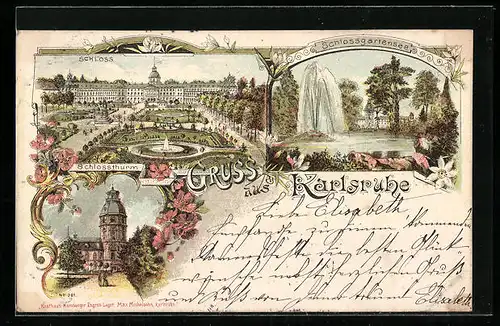 Lithographie Karlsruhe, Schlossthurm, Schlossgartensee, Schloss