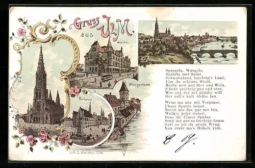 Lithographie Ulm, Metzgerturm, Rathaus, Saalbau