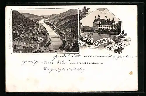 Lithographie Bad Ems, Totalansicht, Vier Thürme