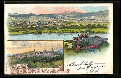 Lithographie Honnef a. Rh., Gesamtansicht, Sanatorium