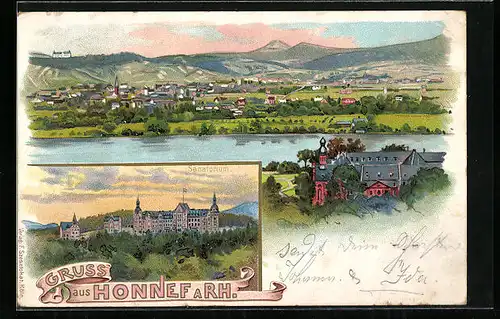 Lithographie Honnef a. Rh., Totalansicht mit Sanatorium