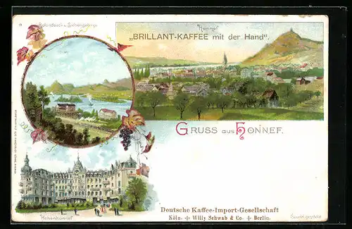 Lithographie Honnef, Hohenhonnef, Rolandseck, Reklame Brillant-Kaffee