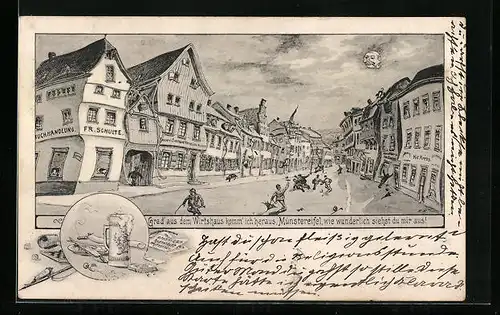 Künstler-AK Münstereifel, Ortsansicht aus der Sicht eines Betrunkenen